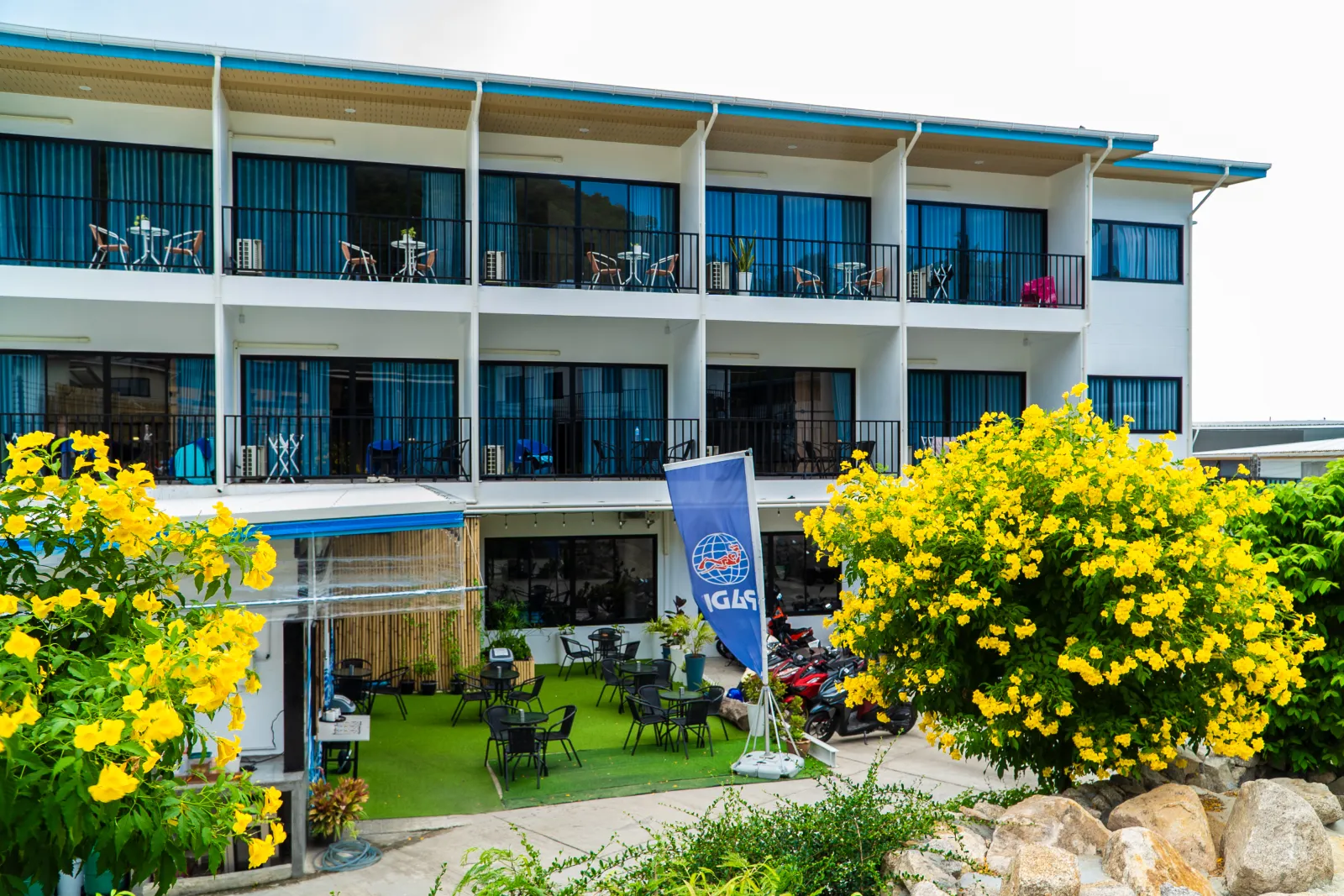 Buddha View Hostel and its terrace among yellow flowers