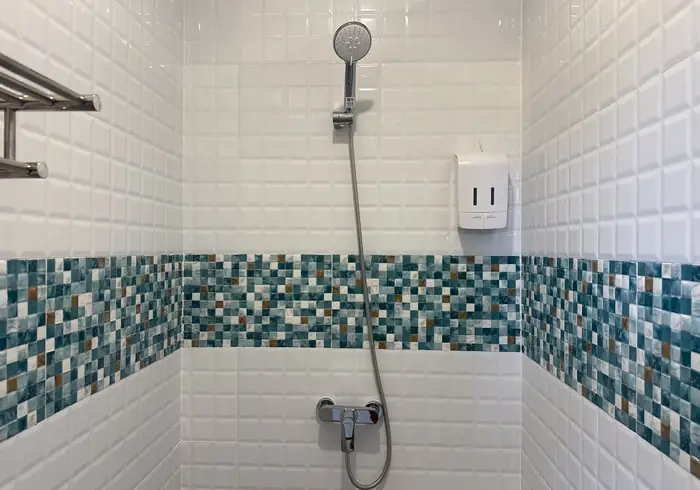 Shared shower with turquoise mosaic band
