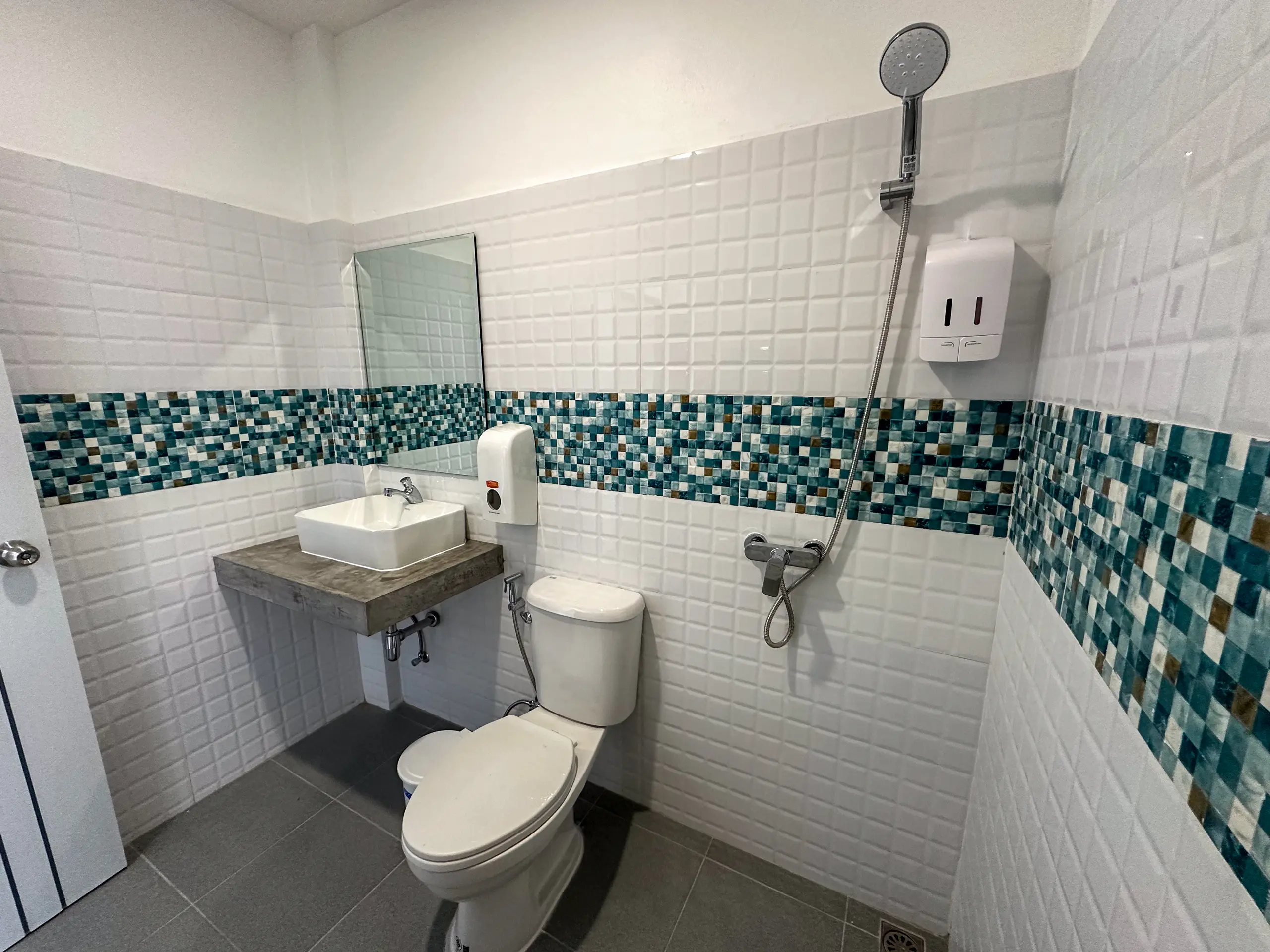 Private bathroom with shower and turquoise mosaic band